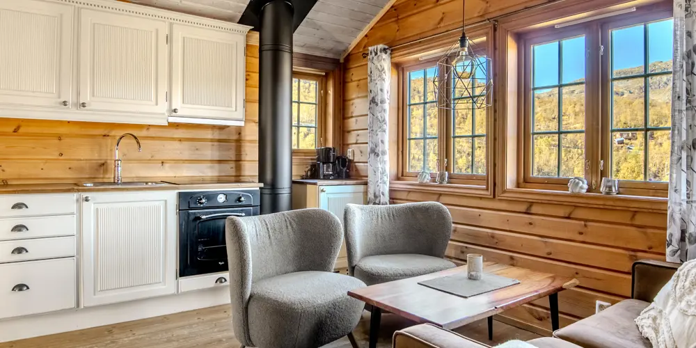 Open living room and kitchen in the apartments at Filefjellstuene