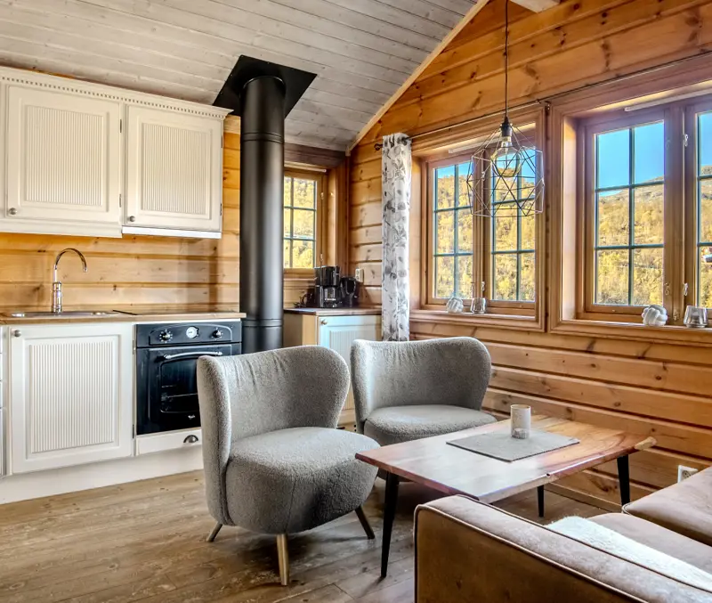 Open living room and kitchen in the apartments at Filefjellstuene
