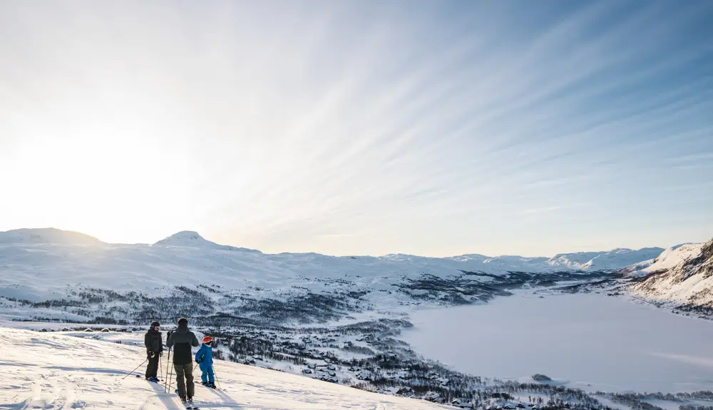 Skiers enjoy the view at Tyin Filefjell Ski Center
