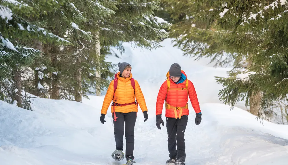 Two people on a snowshoe hike on Kongevegen