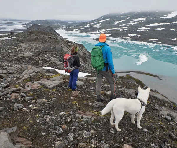 Hiker in Mjølkedalen, on the way to Mjølkedalsbreen