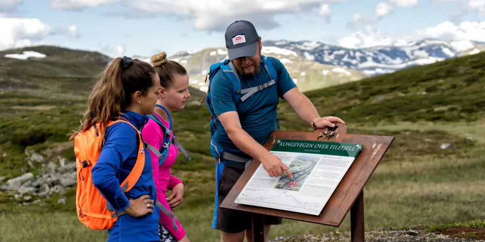 Vandrere stopper ved informationsskilte om Kongevegen