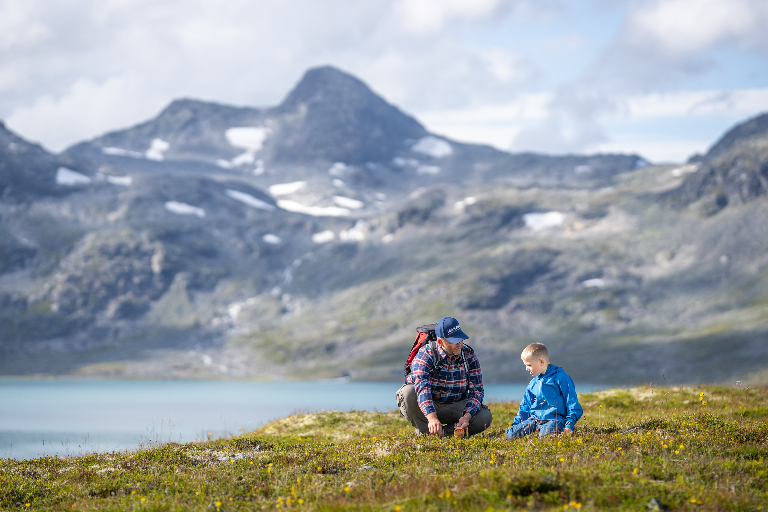 Grandfather and boy picking berries in Koldedalen