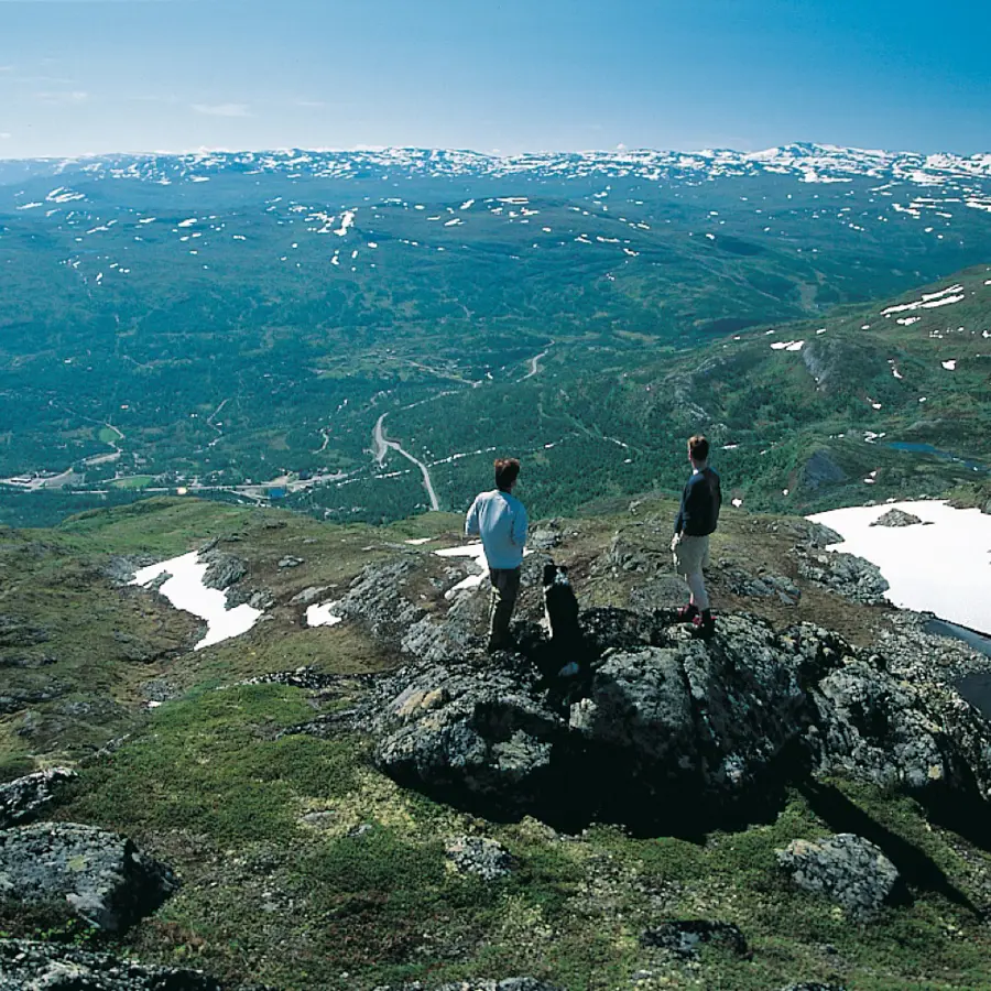 Hikers look at the view towards Tyinkrysset from Stølsnøse