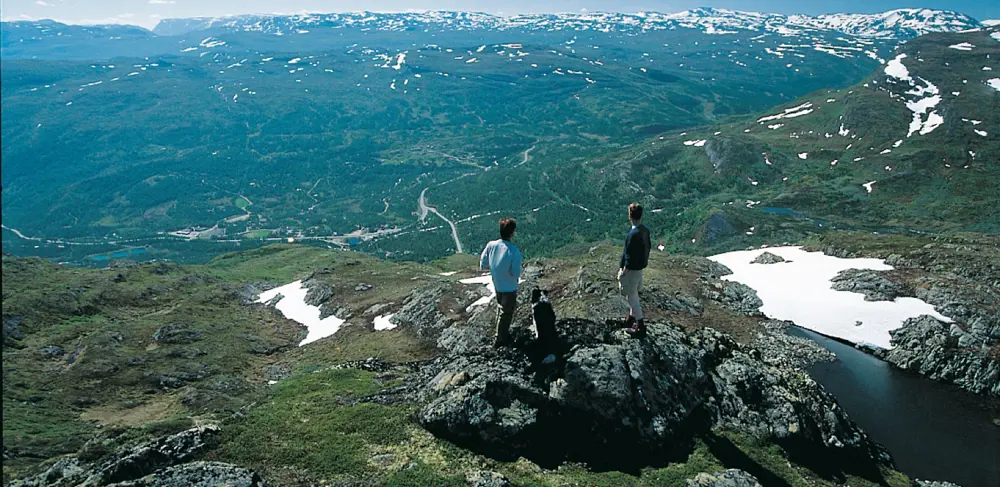 Vandrere ser på udsigten mod Tyinkrysset fra Stølsnøse