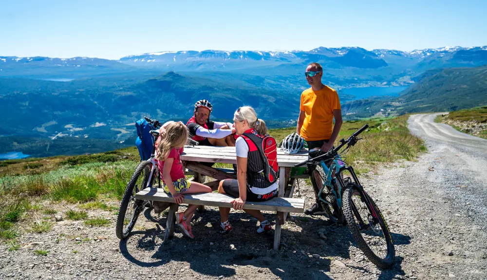 Familietur på sykkel - lunsjpause med utsikt