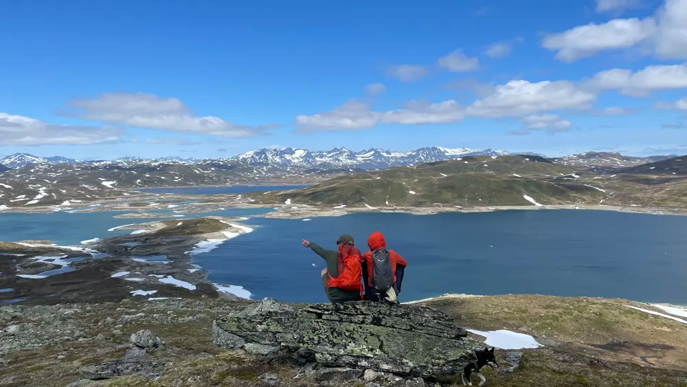 Vandrere nyder udsigten over Jotunheimen på vej til Hødntind