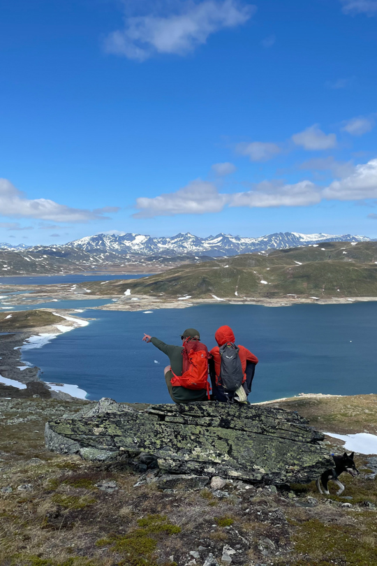 Vandrere nyder udsigten over Jotunheimen på vej til Hødntind