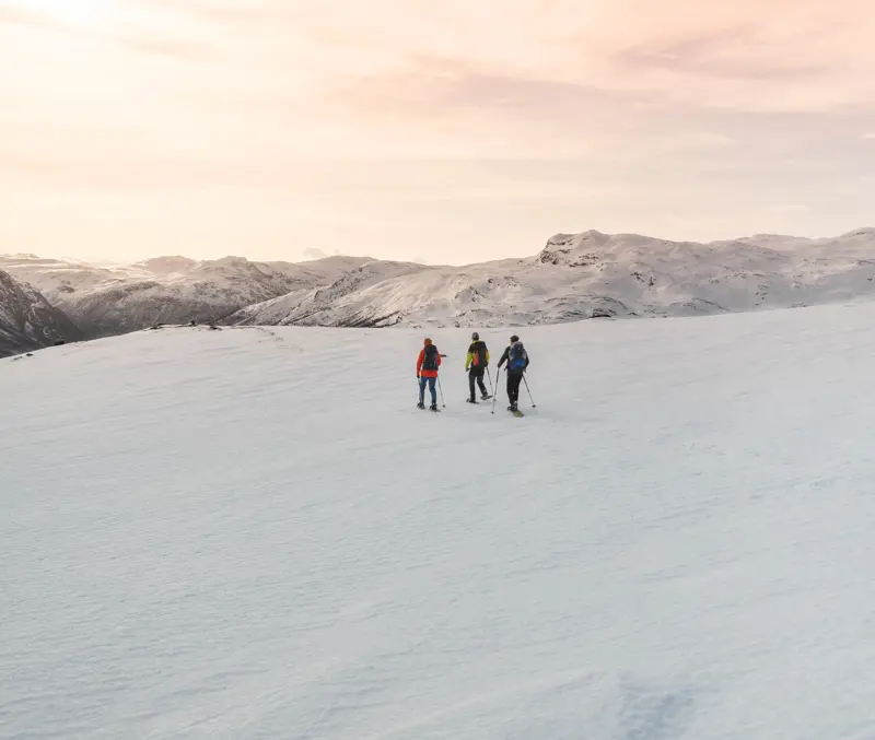 Tre personer på snesko i smuk aftensol ved Tyin Filefjell