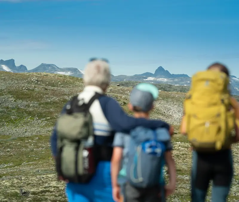 Family trip on Filefjellseggen between Skørsnøse and Støgonøse, with views towards the peaks of Jotunheimen