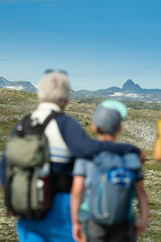 Familietur på Filefjellseggen mellem kl Skørsnøse og Støgonøse, med udsigt over Jotunheimens tinder
