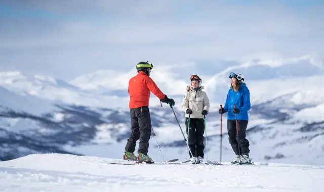Skiers on the alpine slope in Tyin Filefjell Ski Center - ski school 