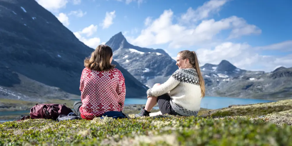 Friends taking a break on a hike in Koldedalen, with Falketind in the background