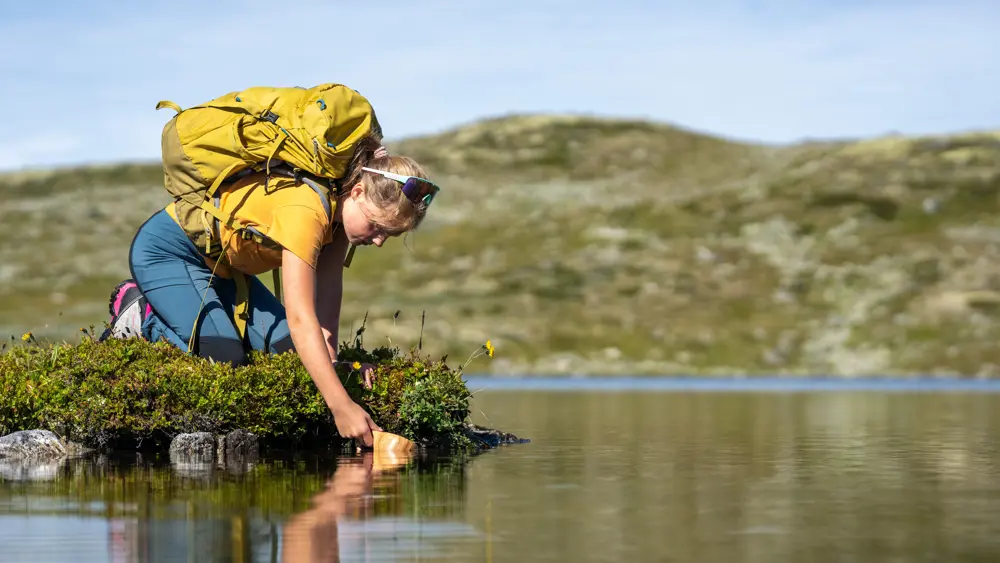 Ung jente fyller koppen med rent fjellvann under fjelltur