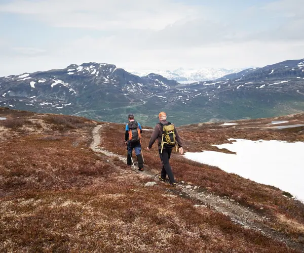 Hikers on a hike around Lake Tenla at Tyin Filefjell