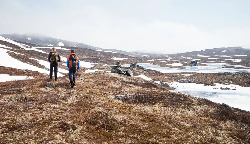 Hikers on a hike around Lake Tenla at Tyin Filefjell